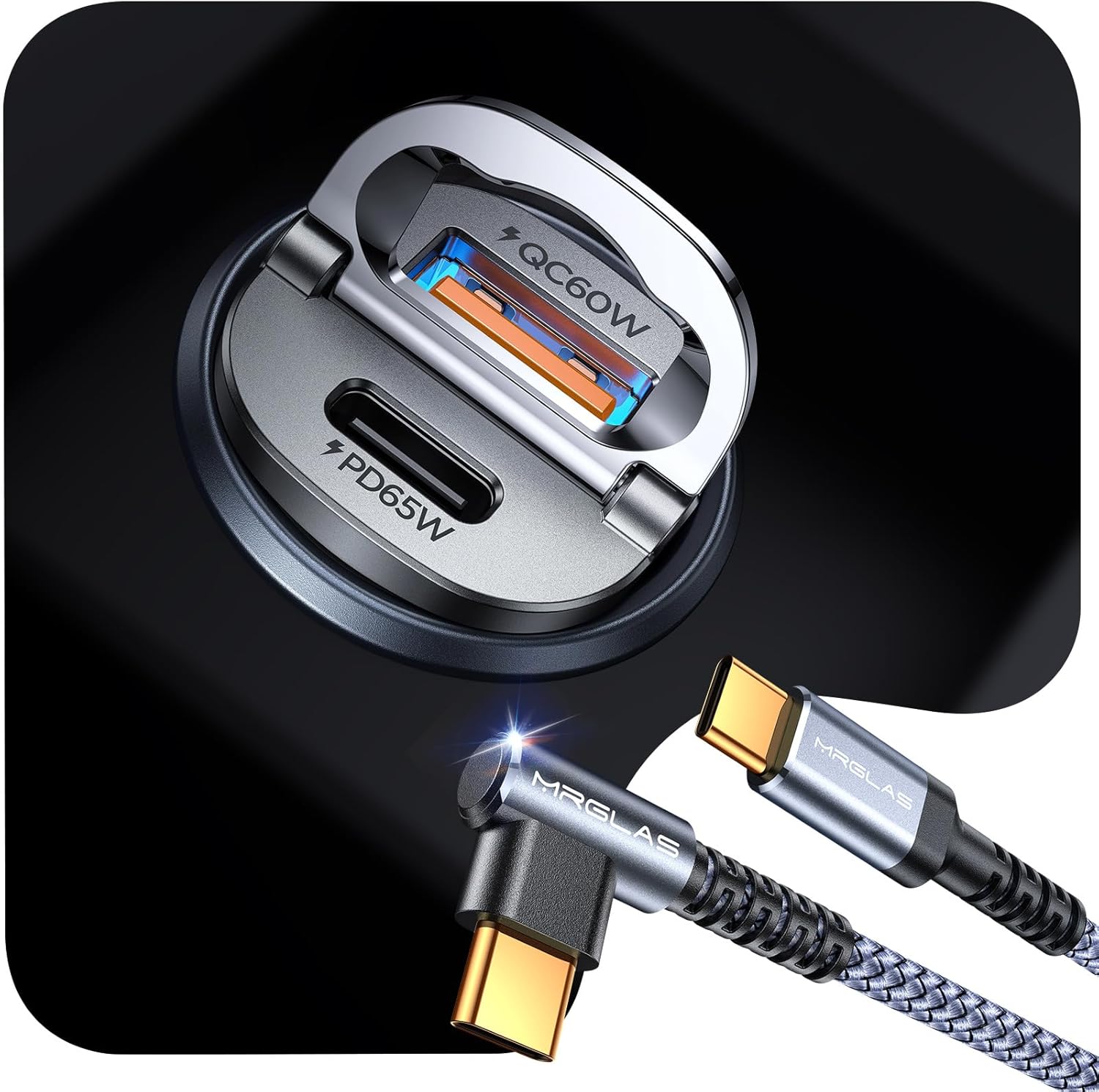 MRGLAS 125W USB C Car Charger Super Fast Charging, [PD65W & QC60W][Extra 3.3ft 60W USB C Cable 90 Degree][All Metal], Cigarette Lighter USB Charger for iPhone 16 Pro Max Plus 15 Samsung S24 S23 iPad