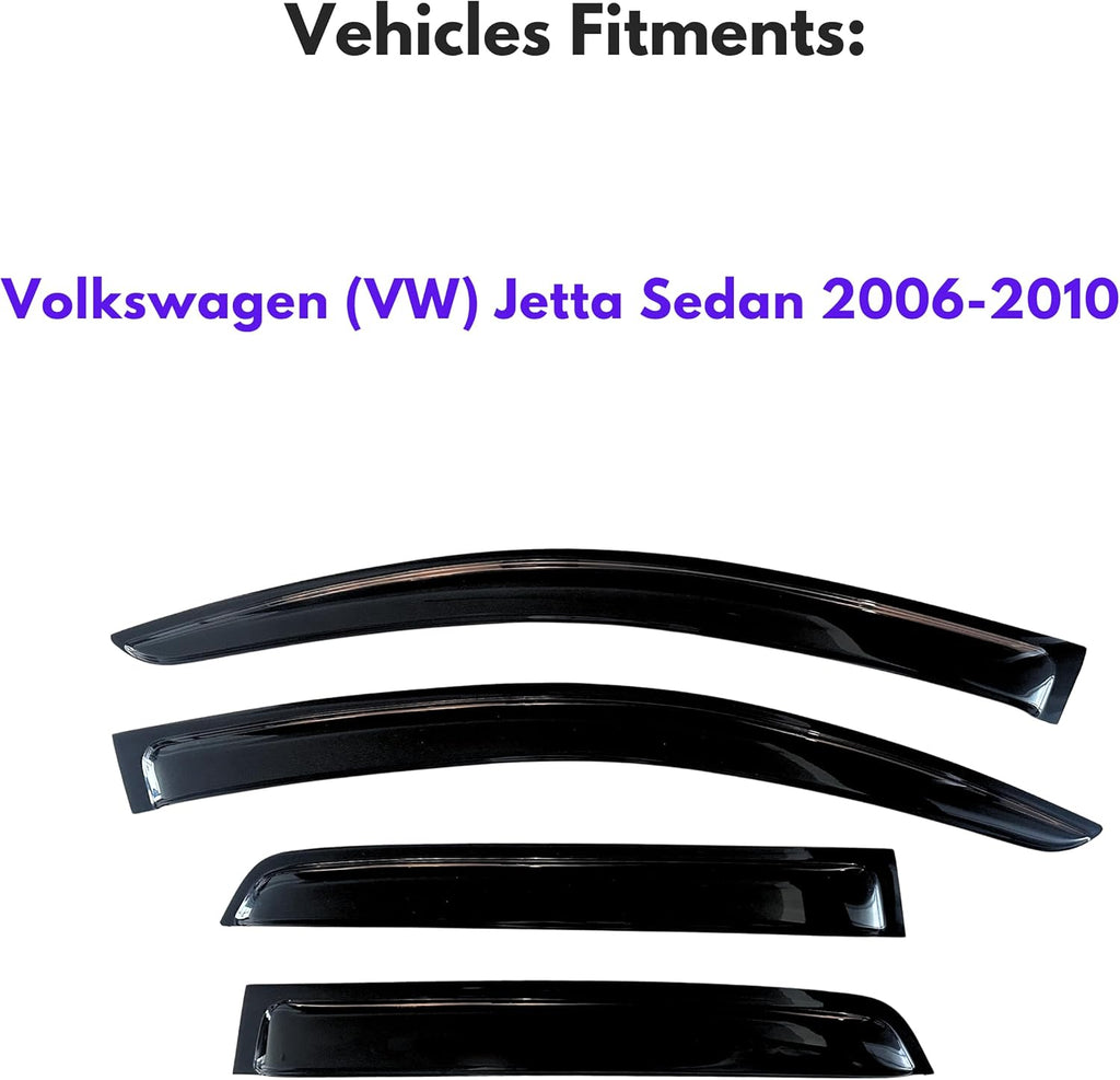 KPY Window Visor Compatible with Volkswagen (VW) Jetta Sedan 2006-2010, 4PC Rain Guard Side Window Vent Deflectors Tape-On Style, 2006 2007 2008 2009 2010