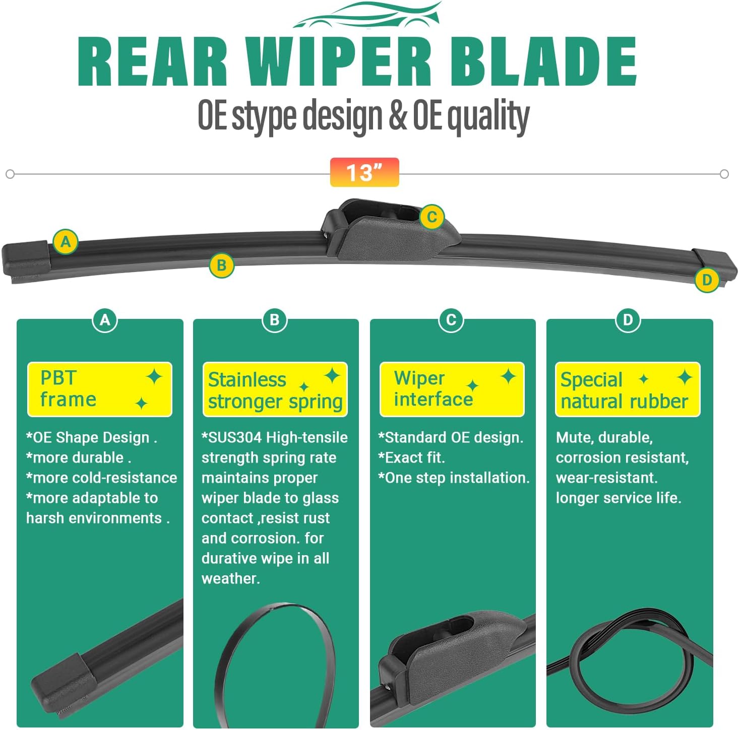 28" 14" 13" Windshield Wiper Blades Replacement for Hyundai Elantra 2012 2013 2014 2015 2016 Elantra GT 2017 Premium All Weather Front Rear Wipers Set - OEM Quality (Pack of 3)
