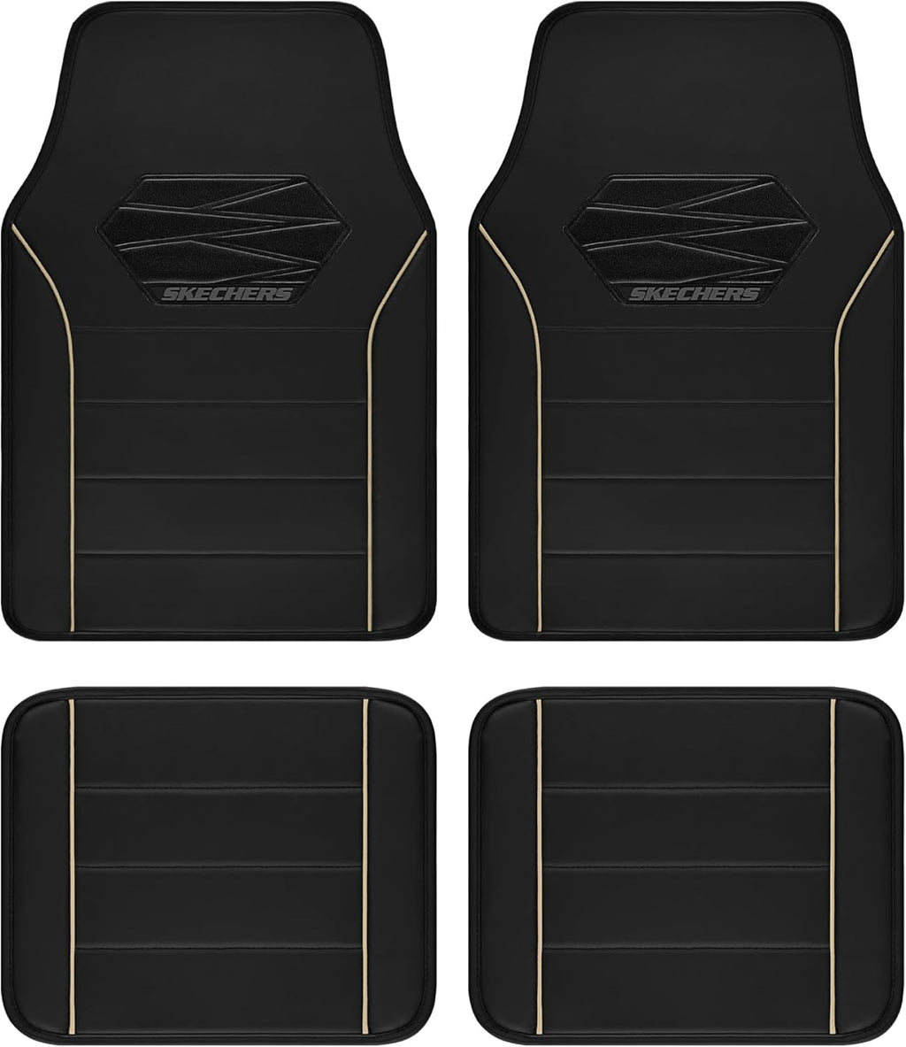 Skechers Memory Foam Car Mats, Leather Piping with Anti-Slip Pad, Universal Waterproof Fit Automotive Floor Mats for SUV, Vans, Sedans, Trucks, Full Set 4pcs Beige