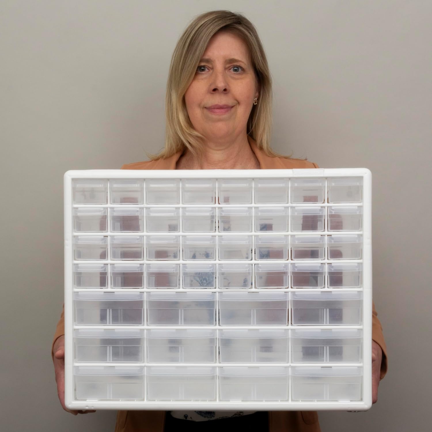 Akro-Mils 44-Drawer Plastic Drawer Storage Cabinet for Garage Organization, Bead Organizer, Building Bricks Storage, Teacher Toolbox, Makeup Organizer, 20-Inch W x 6-Inch D x 16-Inch H, 10144 White