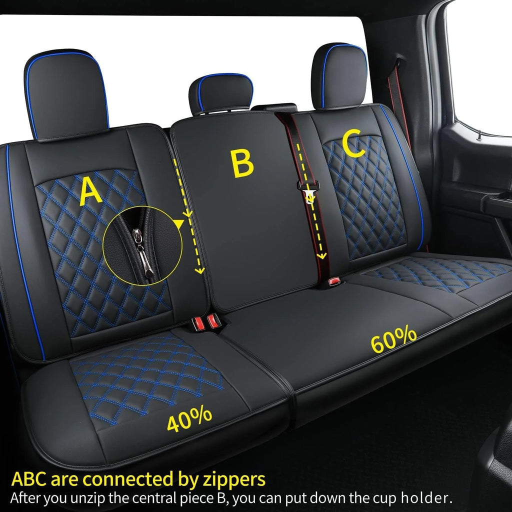 LUCKYMAN CLUB F150 Faux Leather Seat Covers Fit for 2015-2024 2025 F150 SuperCrew and 2017-2024 2025 F250 F350 F450 Super Duty Crew Cab Pickup Trucks(Full Set, Black&Blue)
