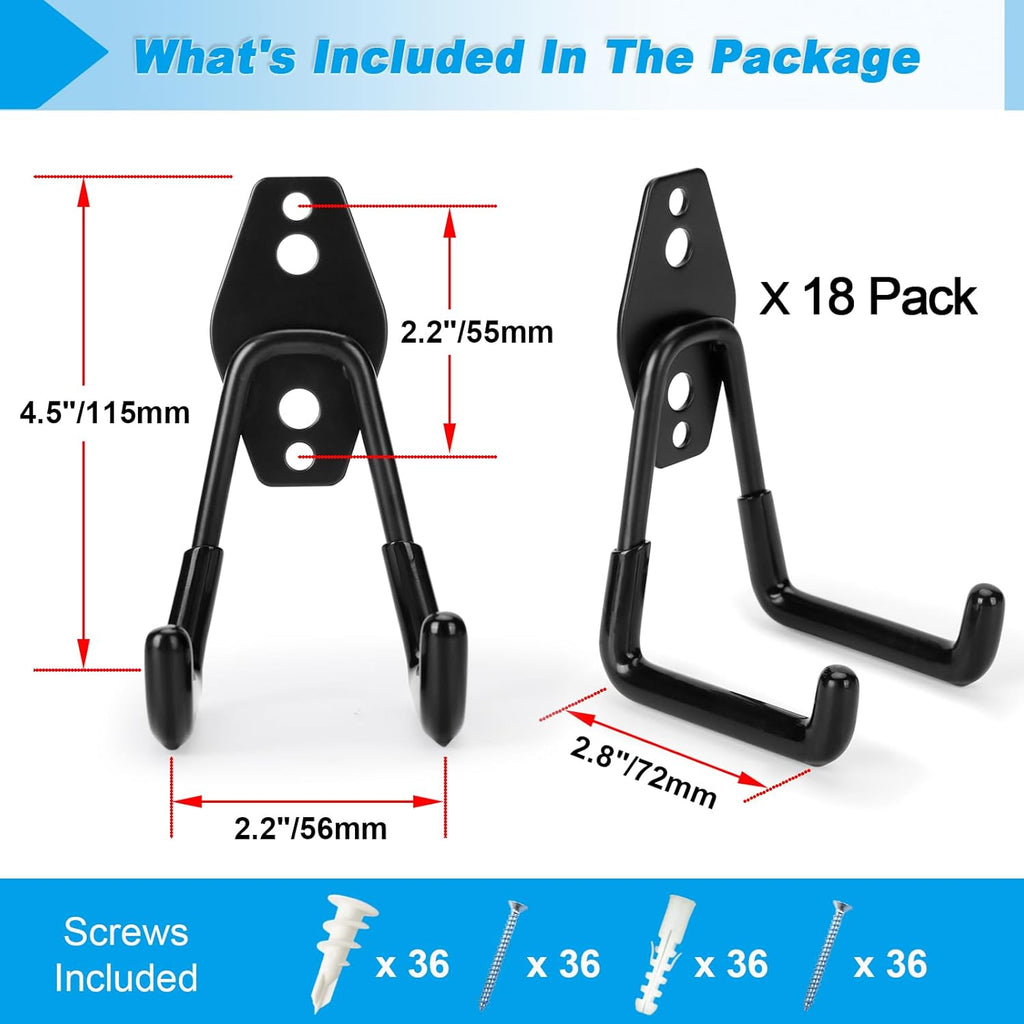 18 Pack Garage Hooks Heavy Duty - Supports 100 lbs, Utility Steel Garage Hanger & Organizer for Organizing Garden Lawn Tools, Ladders, Garden Hose, Digging Shovel, Bikes, Ropes