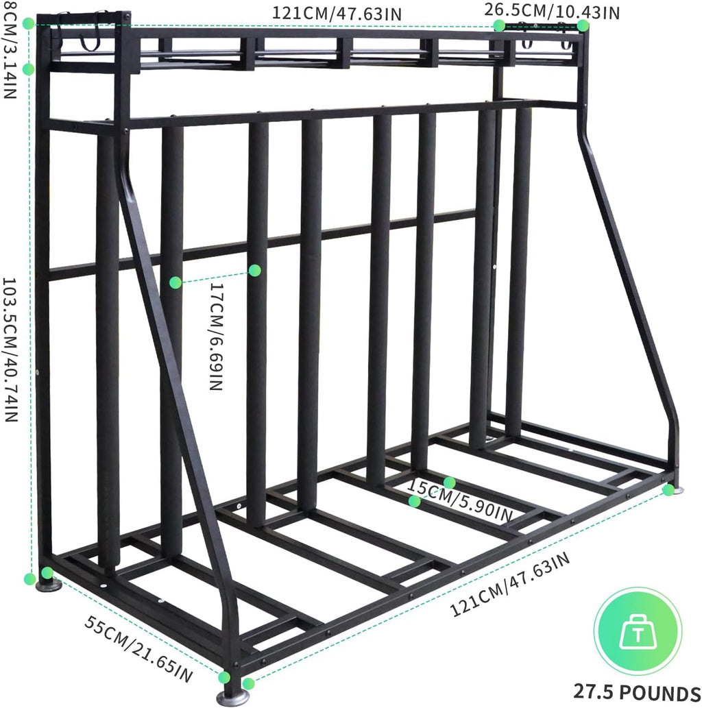 4 Bike Stand Rack with Storage – Bike Rack Floor Stand- Garage Organizer - 2024 Upgrade Tube Diameter 19mm with 8 Sponge Columns - Indoor Bike Storage for Parking Road, Mountain, Hybrid or Kids Bikes
