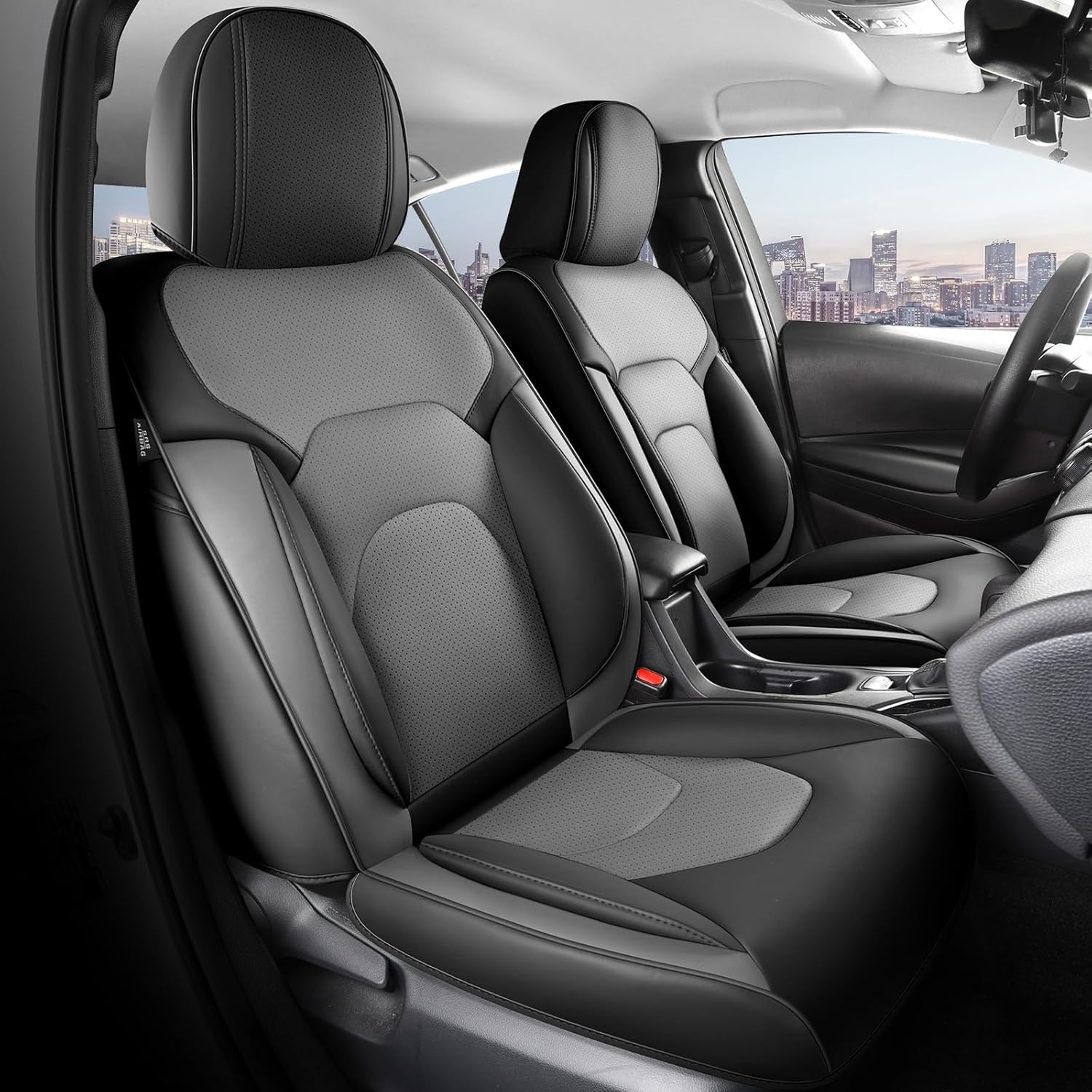 FREESOO Car Seat Covers Front Seats 2PCs,Waterproof Automotive Seat Covers, Leather Cars Interior Covers, Seats Protection Universal fit Babies & Adult (BlackGrey)