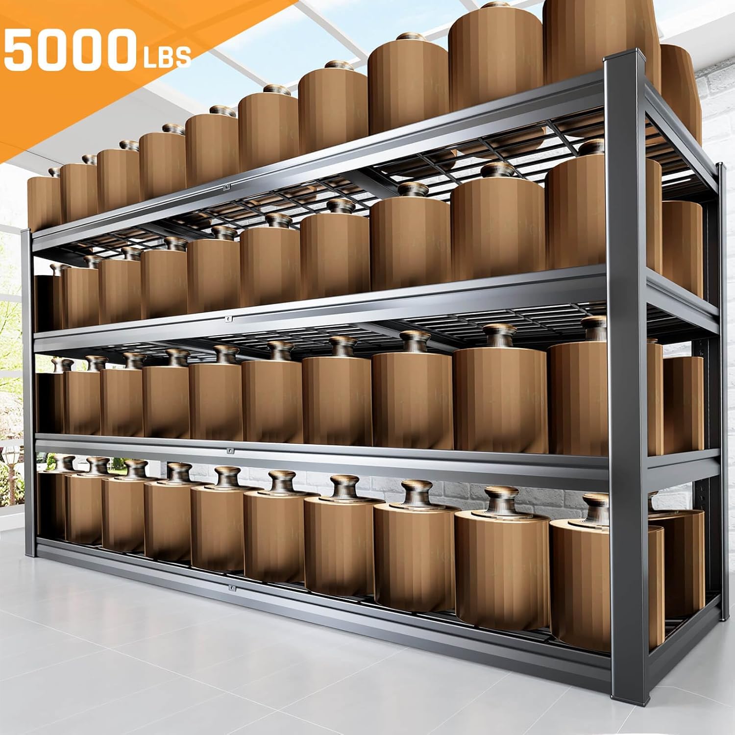 77" W Storage Shelves Heavy Duty Garage Shelving 4 Tier Metal Shelving Unit, Adjustable Shelves, 5000LBS Steel Industrial Shelving for Basement Warehouse Commercial, 77" W*24" D*72”H, Black