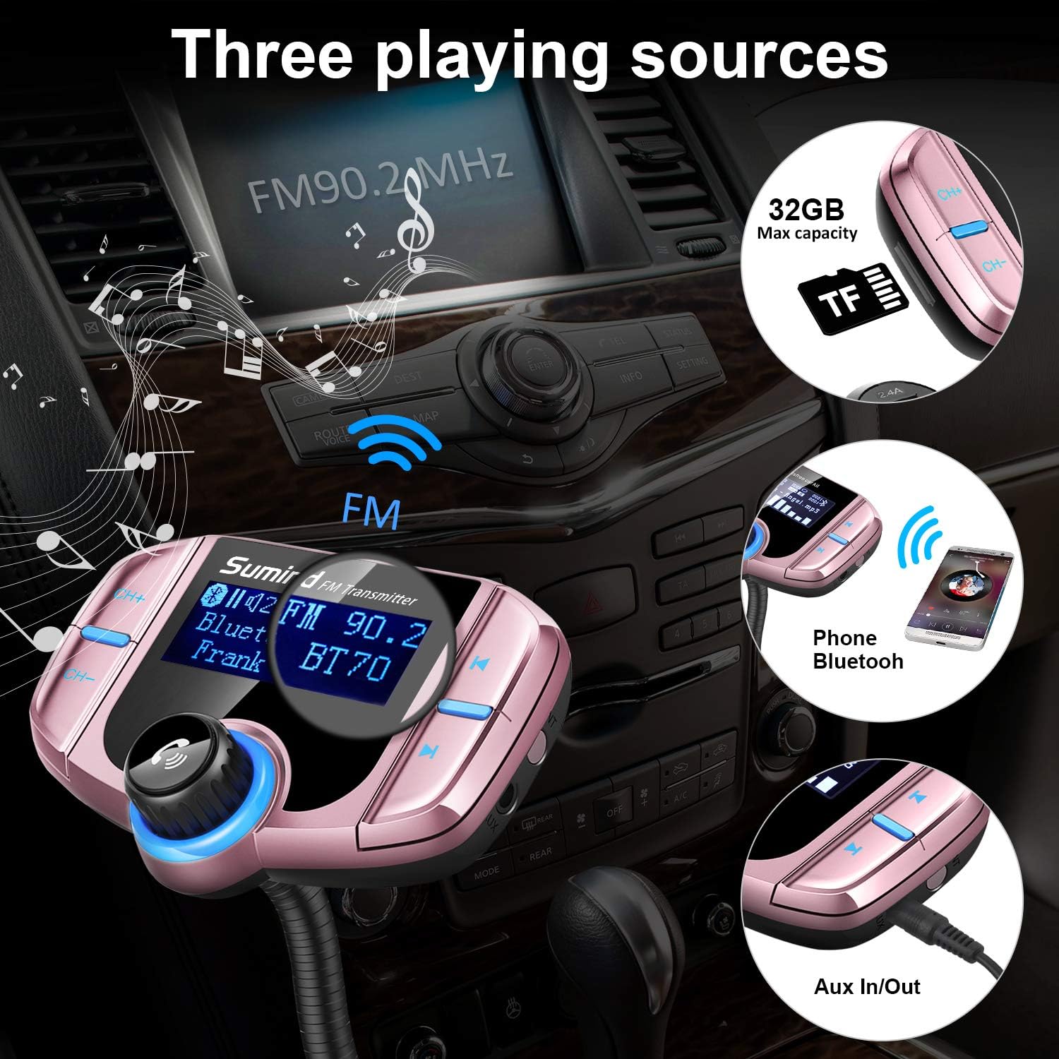 Upgraded Bluetooth FM Transmitter, Wireless Radio Adapter Hands Free Car Kit with 1.7'' Display, QC3.0 and Smart 2.4Amp Dual USB Ports, AUX Input/Output, TF Card Mp3 Player (Normal, Rose Gold)