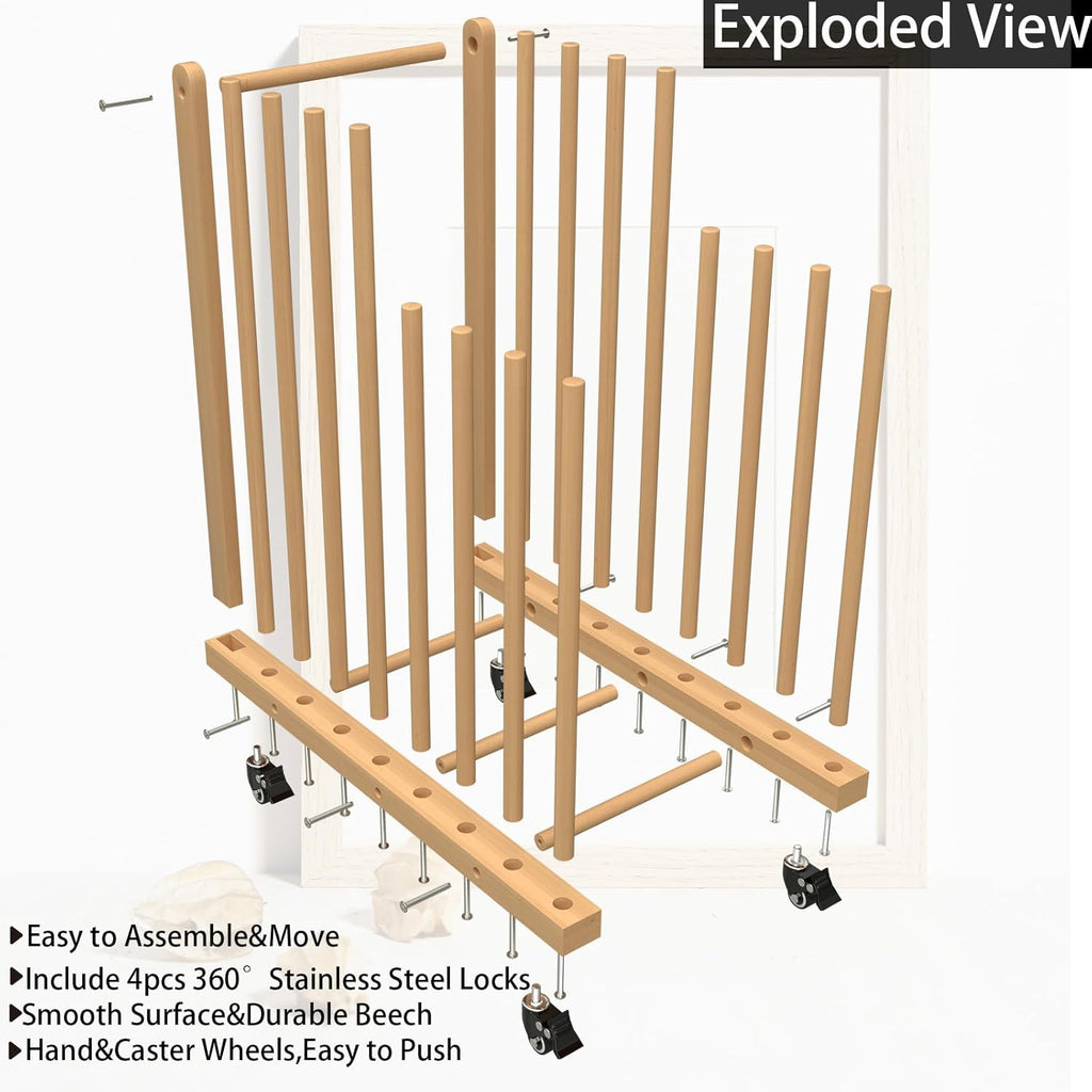 Art Storage Rack with Handle&Caster Wheels,Wooden Art Canvas Storage Stand,Art Drying Rack, Canvas Boards Rack for Drawing Board ,Art Studios,Panel,Artworks,Gallery