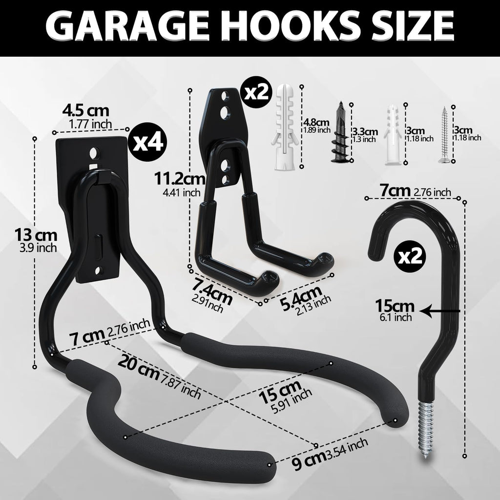 3-H Weed Eater Hanger 4 Pack,2 Garden Hose Holder,2 Screw in Hooks,Utility Weedeater Rack,Tool Hangers for Organizing and Hanging Weed Wacker,Leaf Blower,String Trimmer in Garden