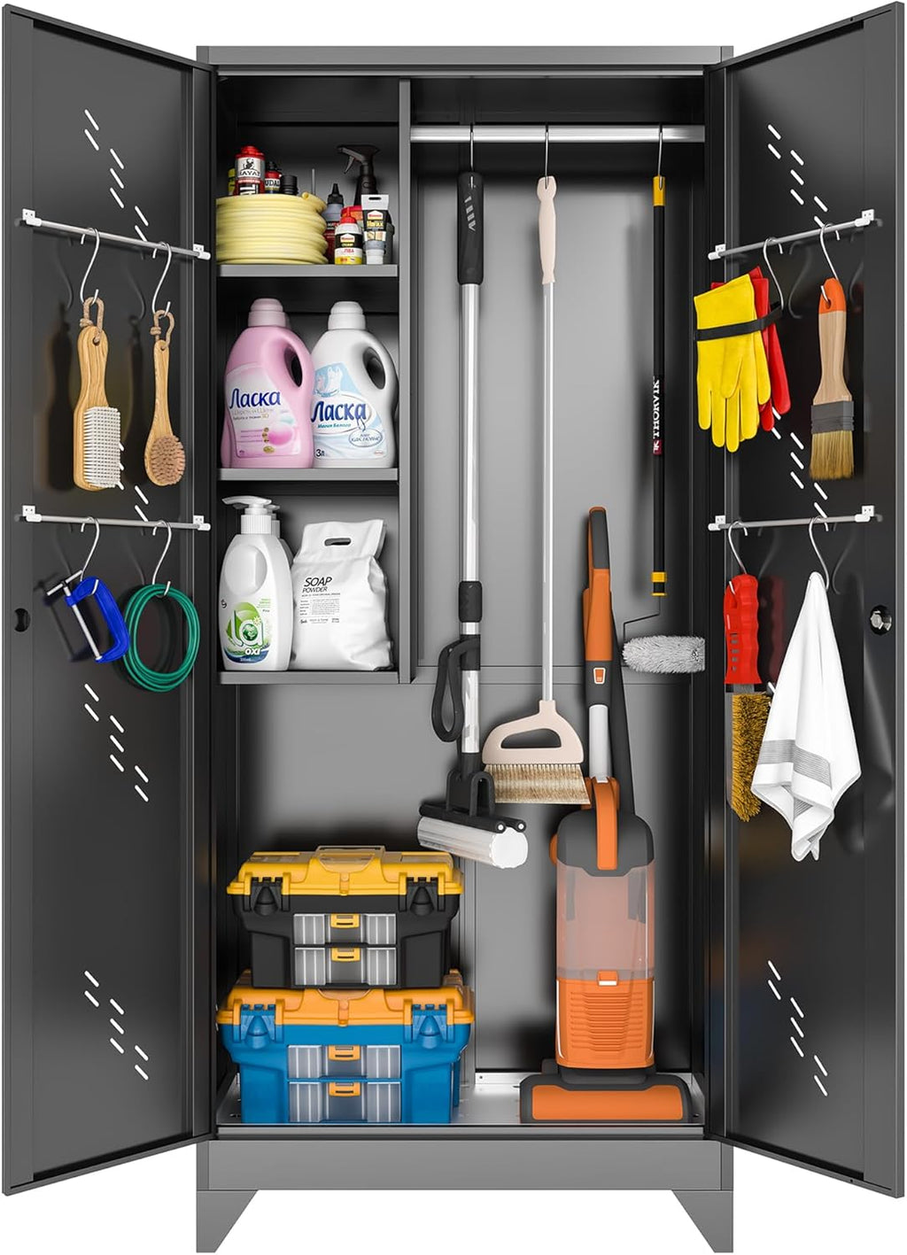 75" Metal Storage Cabinet, Tall Broom Cabinet, Garage Cabinets with Locking Doors, Black Outdoor Utility Broom Closet Storage Cabinets for Office, Bathroom, Warehouses