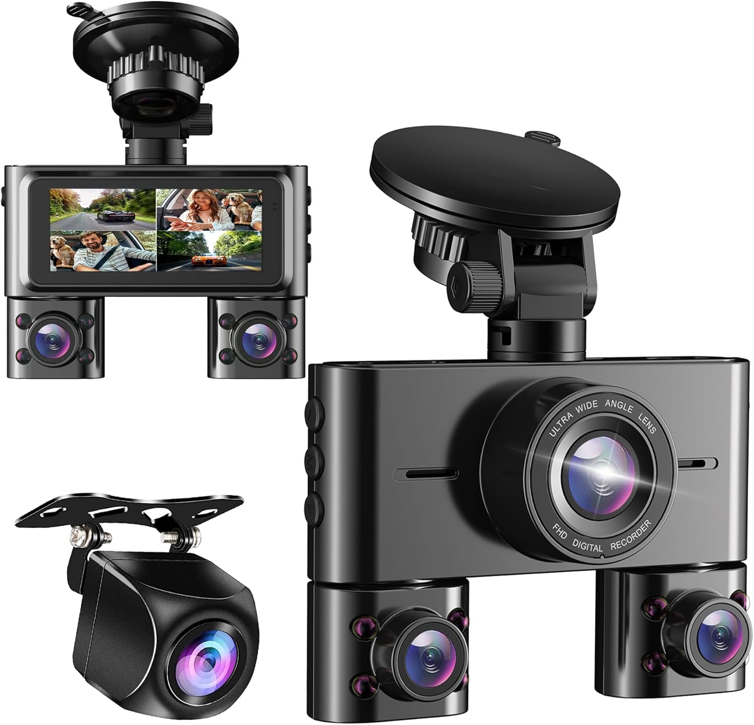 360° Dash Cam Front and Rear Inside, 4 Channel Dash Camera for Cars FHD 1080Px4, Built-in Wi-Fi, 3.16” IPS Screen, WDR Night Vision, Voice Control, Included 64GB Card, 24H Parking Mode