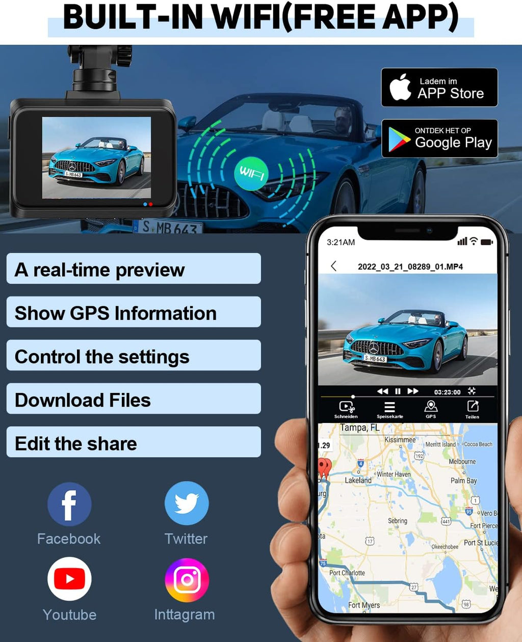 4K Dash Cam Front and Rear, Car Dash Camera Built-in WiFi GPS, Free 64GB Card, UHD 2160P Night Vision, WDR, 170°Wide Angle, WDR, 24H Parking Monitor