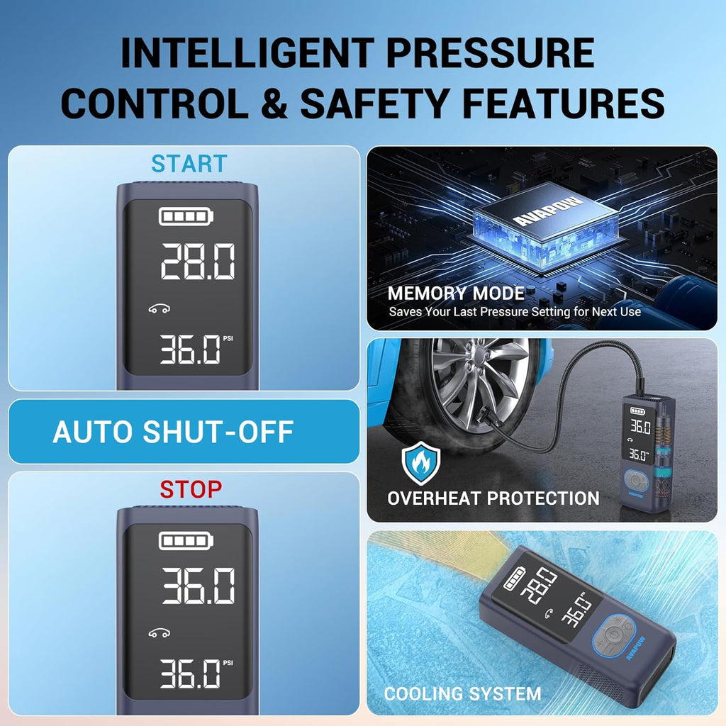 AVAPOW AP18 Tire Inflator Portable Air Compressor, 300% Faster 150 PSI Cordless Air Pump with Tire Pressure Gauge, 3.7″ Dual LCD Screen, Auto-Shuts Off Tire Pump for Car, Motorcycle, Bicycle, Purple