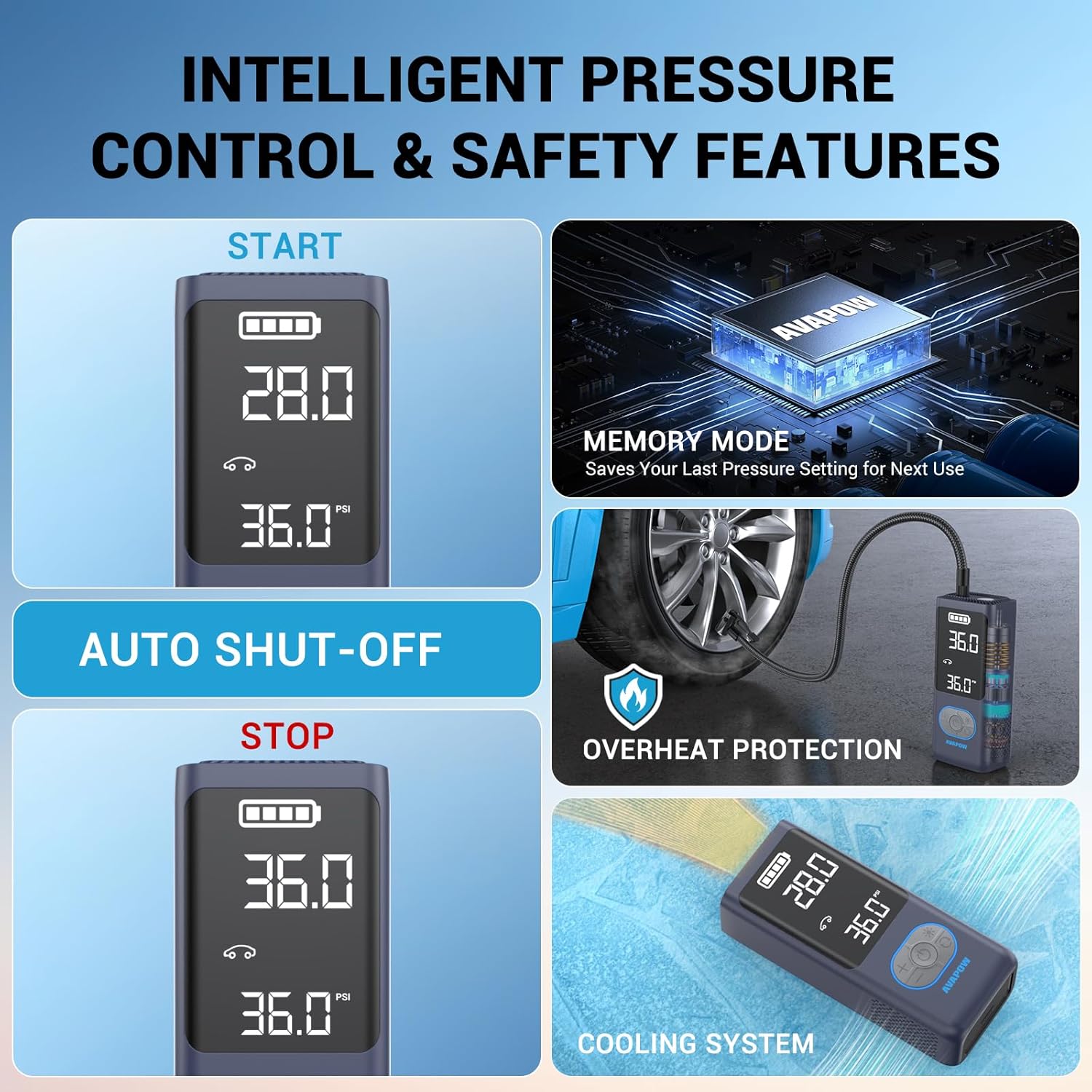 AVAPOW AP18 Tire Inflator Portable Air Compressor, 300% Faster 150 PSI Cordless Air Pump with Tire Pressure Gauge, 3.7″ Dual LCD Screen, Auto-Shuts Off Tire Pump for Car, Motorcycle, Bicycle, Purple
