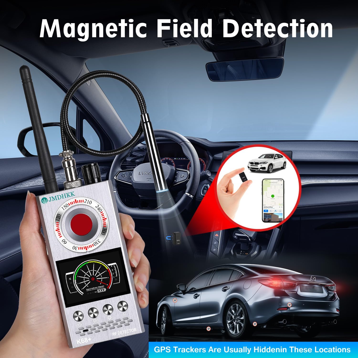 JMDHKK Hidden Camera Detector & Bug Detector – Magnetic Tracker & Wireless Signal Finder for Home, Office, Hotel, Car – Advanced Privacy Protection for Travel & Security（Silver