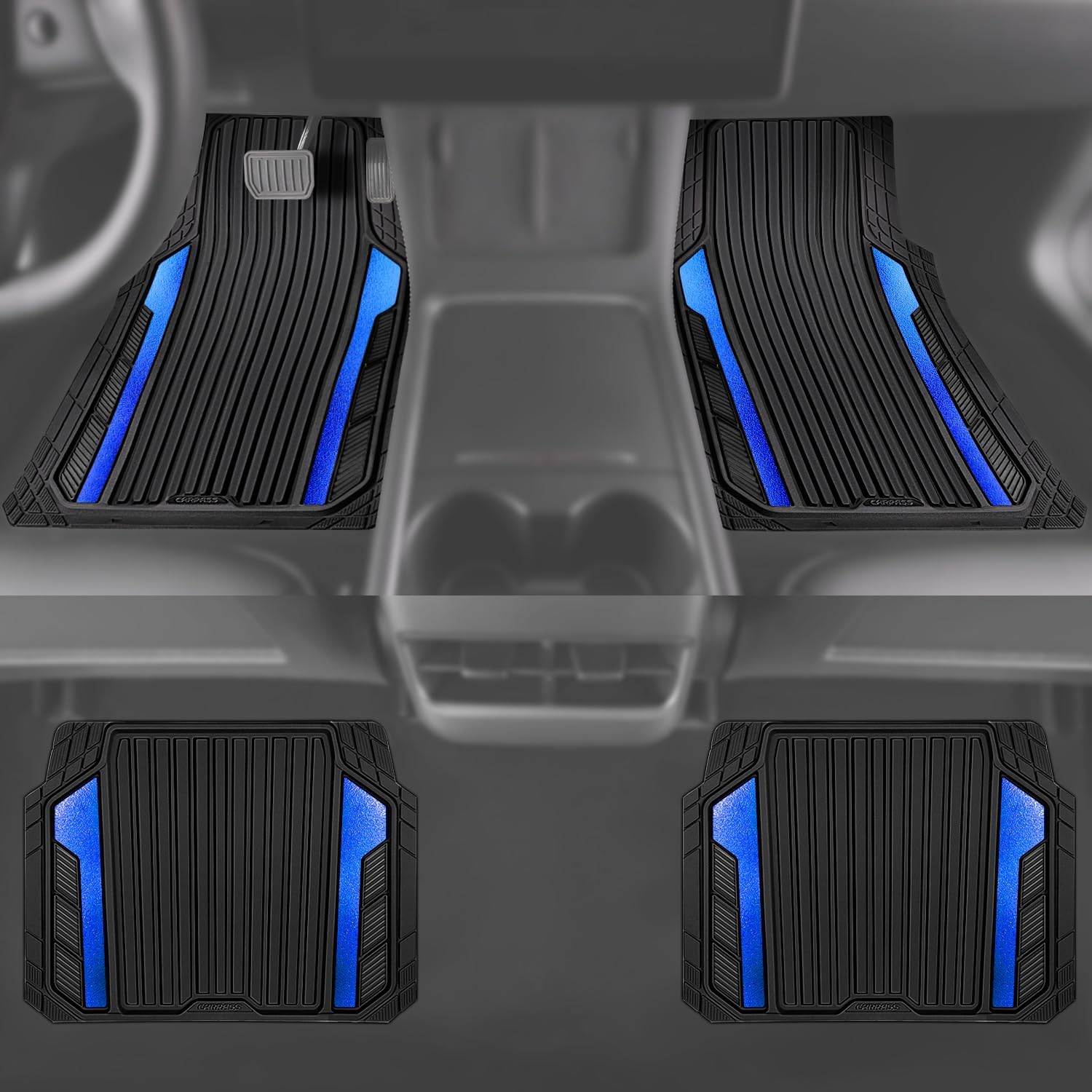 CAR PASS Heavy Duty Rubber Car Mats Metallic,Aluminum Film All Weather Floor Mats Waterproof Universal Trim to Fit Automotive SUV Sedan Van 4 Piece Anodized Deep Dish Two-Tone Sporty Black Blue Chrome