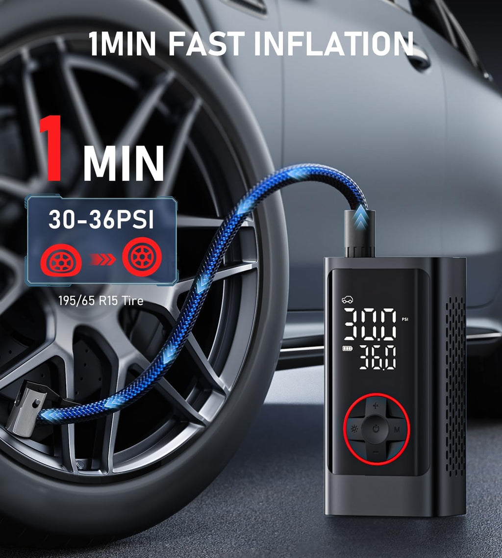 Tire Inflator Portable Air Compressor, 150PSI Cordless Air Pump for Car Tires, Electric Bike Tire Pump with Pressure Gauge, Auto Shut Off, LED Light for Car Motorcycle Bicycle Ball