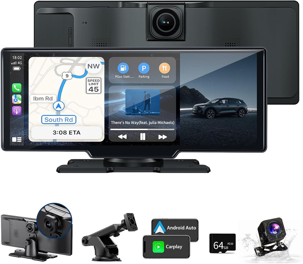 Wireless Carplay Screen for Car - 10.26 Inch Car Stereo Wireless Car Play & Android Auto Touch Screen, with 4K Dash Cam, Backup Camera, GPS Navigation, Voice Control,Bluetooth,Mirror Link,FM