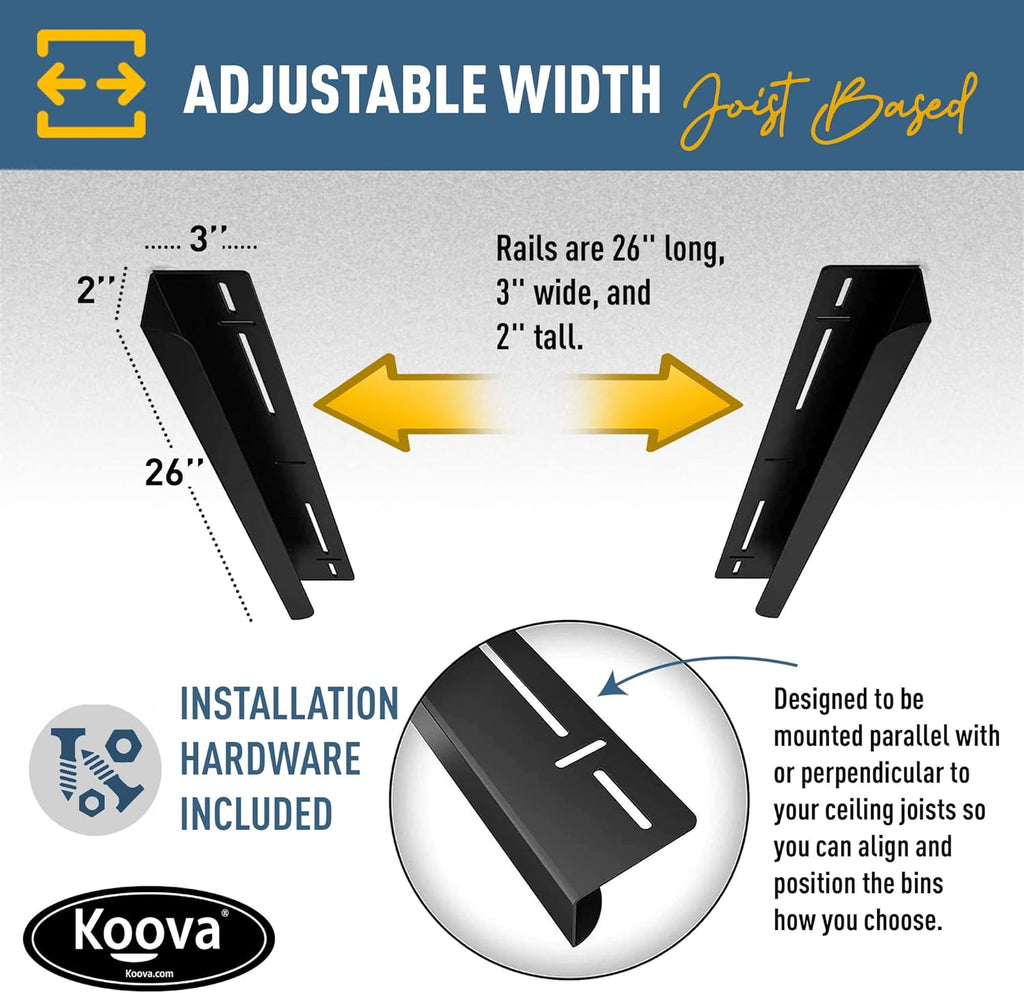 Koova Heavy-Duty Overhead Garage Storage Rack for 1 Bin. Adjustable Width, 40lb Capacity. DIY Super Safe Ceiling Mount, Easy 4-Bolt Install. Fits 27-Gallon Tote. USA Made Steel. Space Saving Organizer