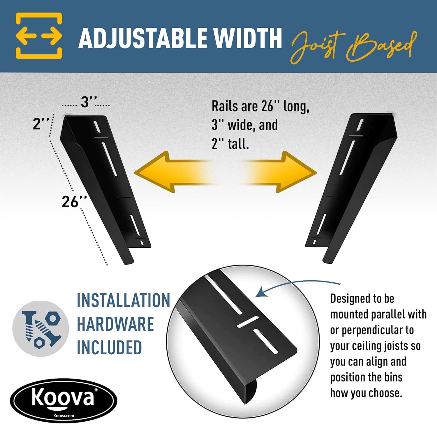 Koova Heavy-Duty Overhead Garage Storage Rack for 1 Bin. Adjustable Width, 40lb Capacity. DIY Super Safe Ceiling Mount, Easy 4-Bolt Install. Fits 27-Gallon Tote. USA Made Steel. Space Saving Organizer