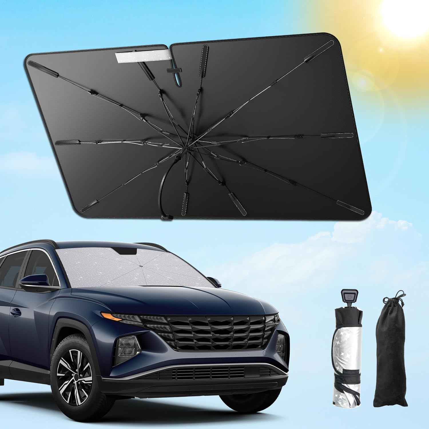 SXCY for 2022-2024 2025 Hyundai Tucson Windshield Umbrella Sunshade [Easier Foldable] for 2024 2025 Hyundai Tucson Accessories 2025 Tucson Sunshade Umbrella 2025 Tucson Windshield Umbrella Sun Shade