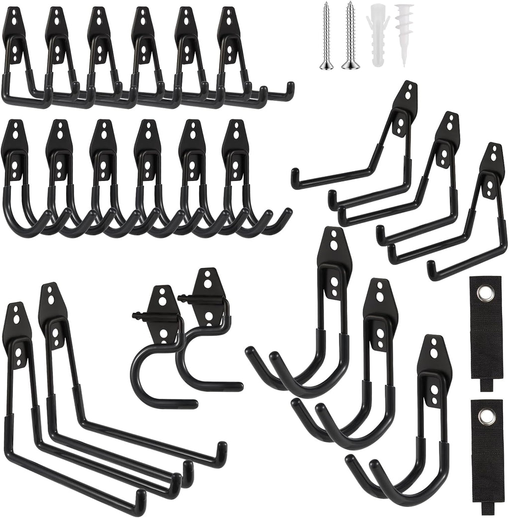 Garage Hook Heavy Duty Wall Storage Hangers, 24 Pack Garage Storage Hooks Steel Tool Black for Ladders, Ropes, Garden Tools