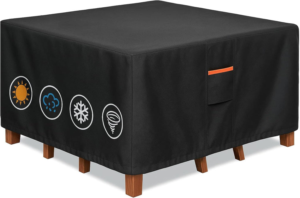 Outdoor Waterproof Furniture Cover, 94W x 94L x 28H inches Heavy Duty 600D Square Table and Chair Set Protection, Black