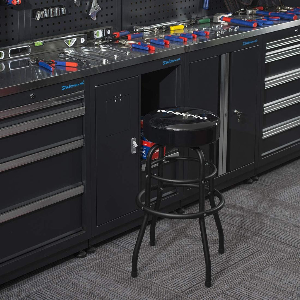 WORKPRO W112003 Garage Shop Stool, Heavy-Duty Steel Construction Garage Stool, Swivel Cushion Seat, Black Powder Coated Legs & Footrest (Single Pack)