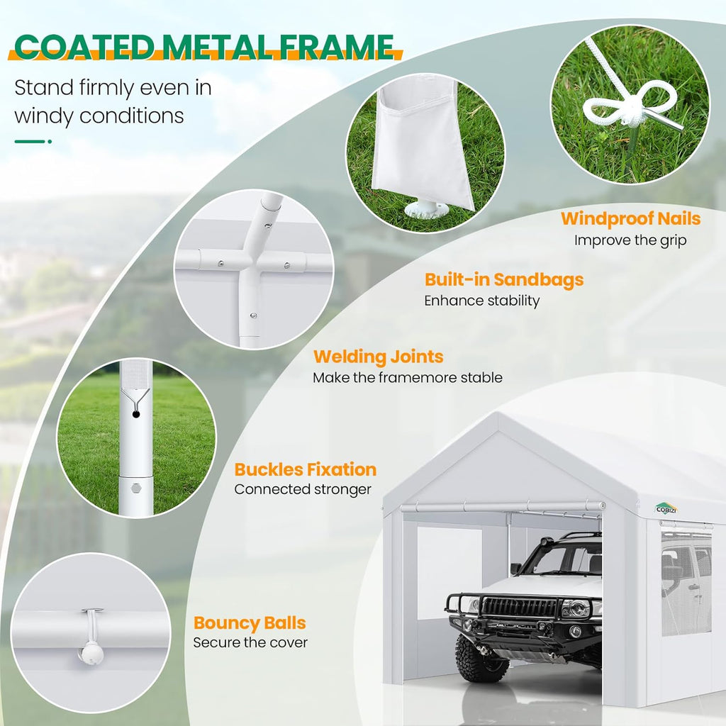 COBIZI Carports 10x20 Heavy Duty Car Canopy Garage with Removable Sidewalls & Doors, Galvanized Frame Portable Carport Canopy with Built-in Sandbags & All-Season Tarp for Car Boat Truck, White