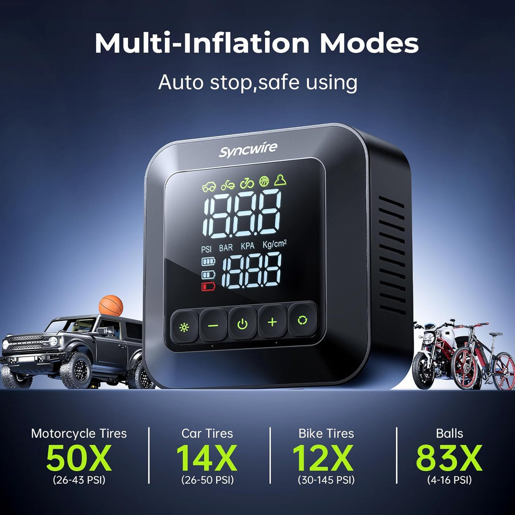 Syncwire Tire Inflator Portable Air Compressor 150PSI Air Pump for Car Tires [3X Faster] Inflation Electric Smart Tire Pump with Extra-Large LCD Dual Value Display [Free Car Tire Valve Caps], Auto-Off