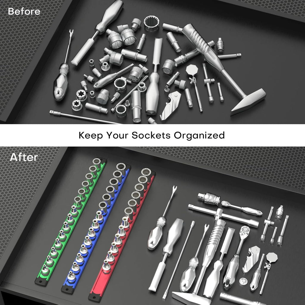 Magnetic Socket Holder Organizer Set, 3-Piece Heavy Duty Socket Rack Kit, 360° Swivel Aluminum Alloy Socket Rail for Tool Box - 1/4-Inch x 14 Clips, 3/8-Inch x 14 Clips, 1/2-Inch x 12 Clips