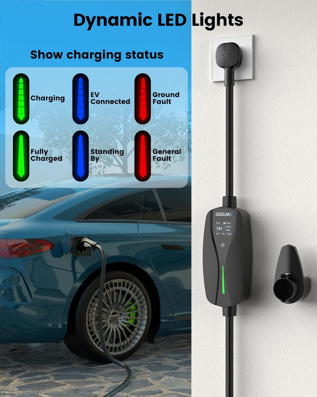 Level 2 EV Charger with NEMA 10-30 Plug, 24Amp 240V, 25FT Extension Cord, Adjustable Current (10-24A), Portable Home Mobile Dryer EV Charger for J1772 Electric Vehicles, Fits 3-Prong Dryer Outlet
