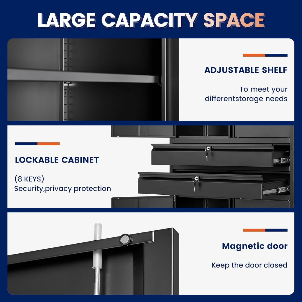Yizosh Metal Garage Storage Cabinet with Locking Doors and Adjustable Shelves, 71" Tool Storage Cabinet with 2 Drawer for Garage,Warehouse