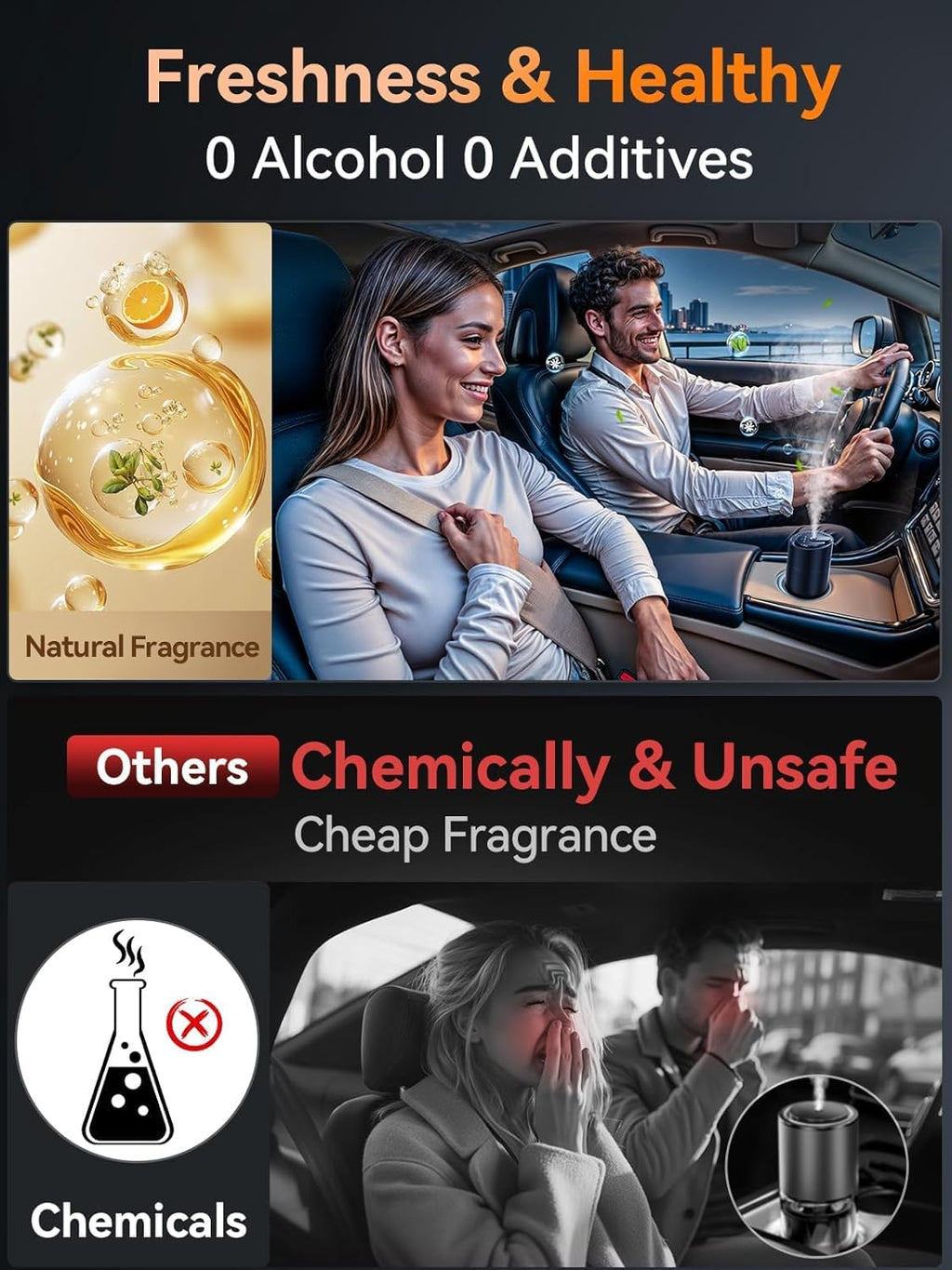 Ceeniu Smart Car Air Fresheners, New smell experience by Ultrasonic mist, Auto On/Off, Powerful Built-in Battery, Long lasting natural fragrance, Adjustable car freshener, Bamboo scent