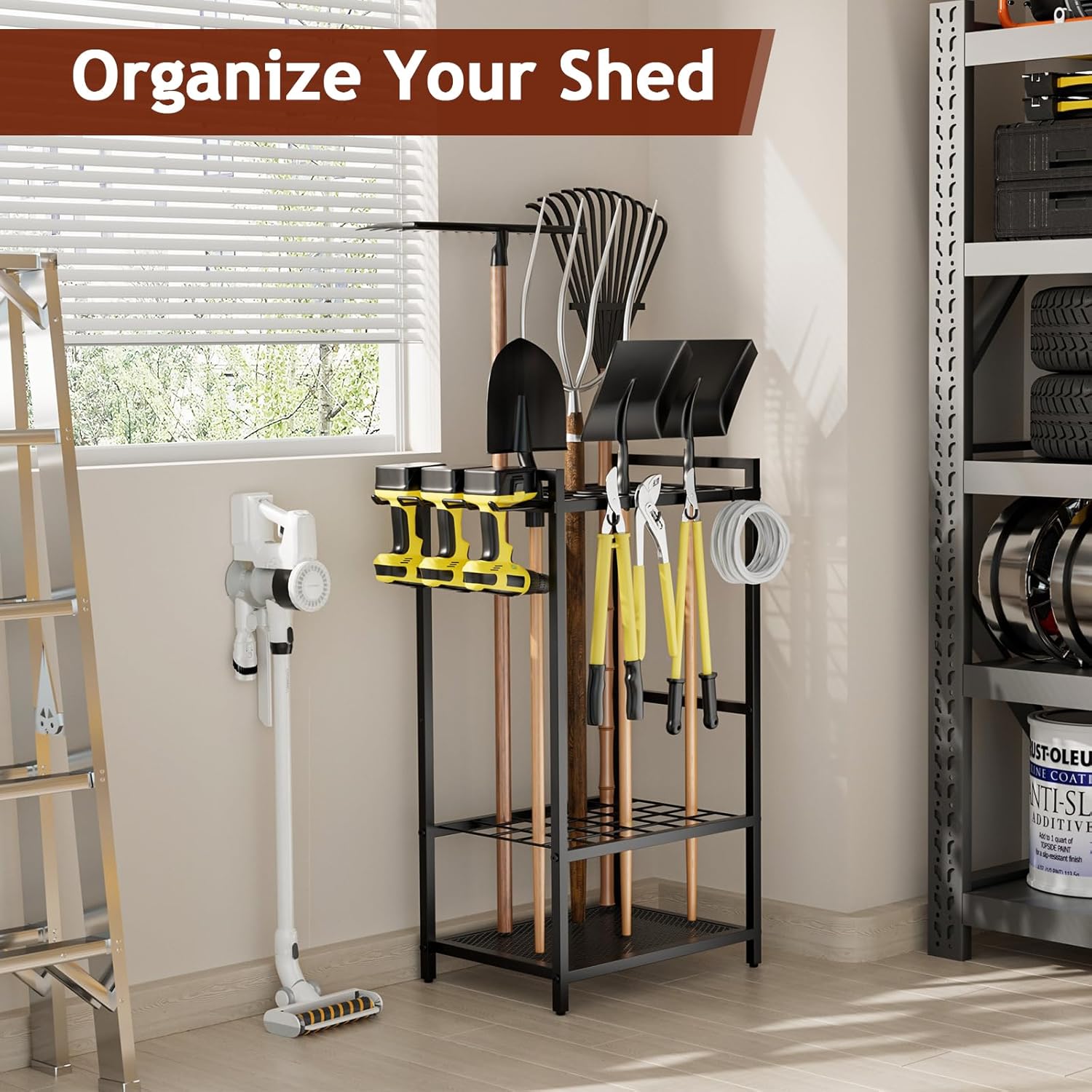 Garden Garage Tool Organizer Yard Tool Organizer for Garage with 4 Hooks, Heavy duty Steel Garden Tool Rack Holds up to 48 Long Handled Yard tools for Storage