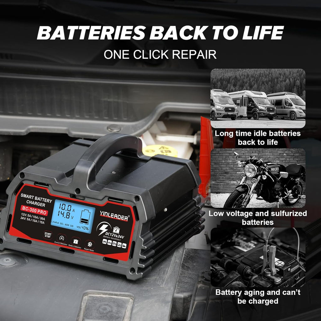 Battery Charger 30A, 12V/24V Lead Acid Smart Battery Charger, 12V LiFePO4 Car Battery Trickle Charger, Automatic Battery Maintainer for Car Motorcycle Lawn Mower Marine Boat Lead Acid Batteries