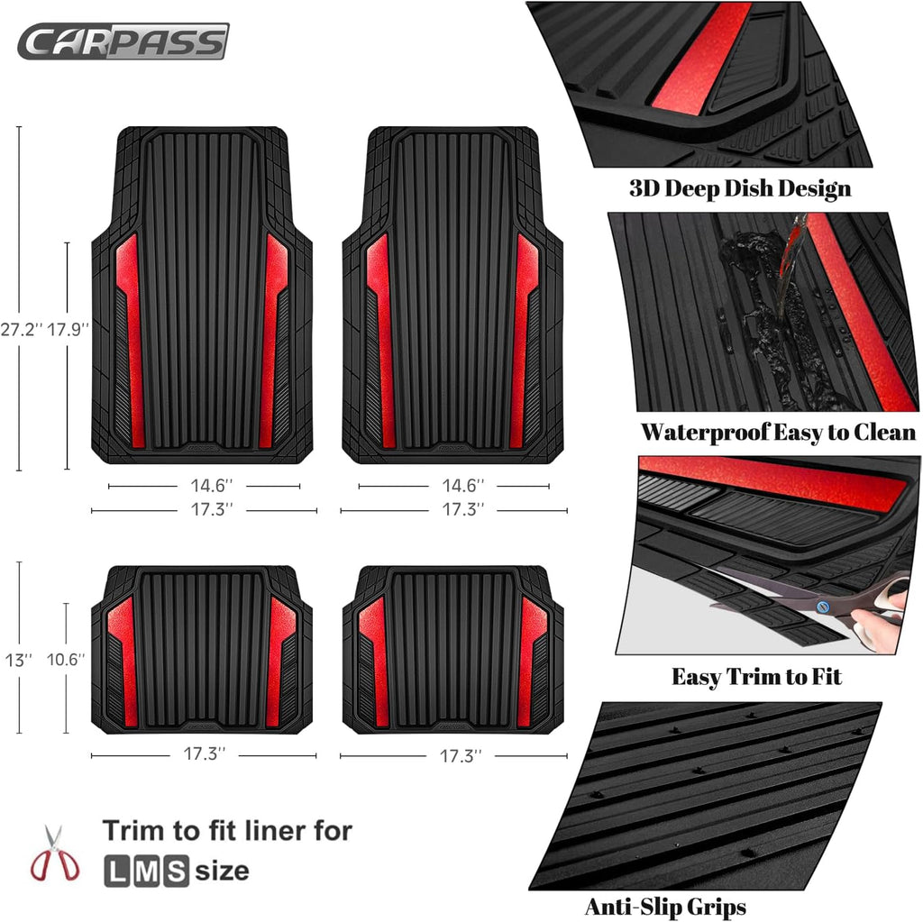 CAR PASS Heavy Duty Rubber Car Mats Metallic, Aluminum Film All Weather Floor Mats Waterproof Universal Trim to Fit Automotive SUV Sedan Van 4 Piece Anodized Deep Dish Two-Tone Sporty Black Red Chrome