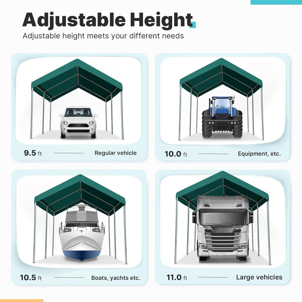 ADVANCE OUTDOOR Adjustable 10x15 ft Heavy Duty Carport Car Canopy Garage Boat Shelter Party Tent, Adjustable Height from 9.5 ft to 11 ft, Green