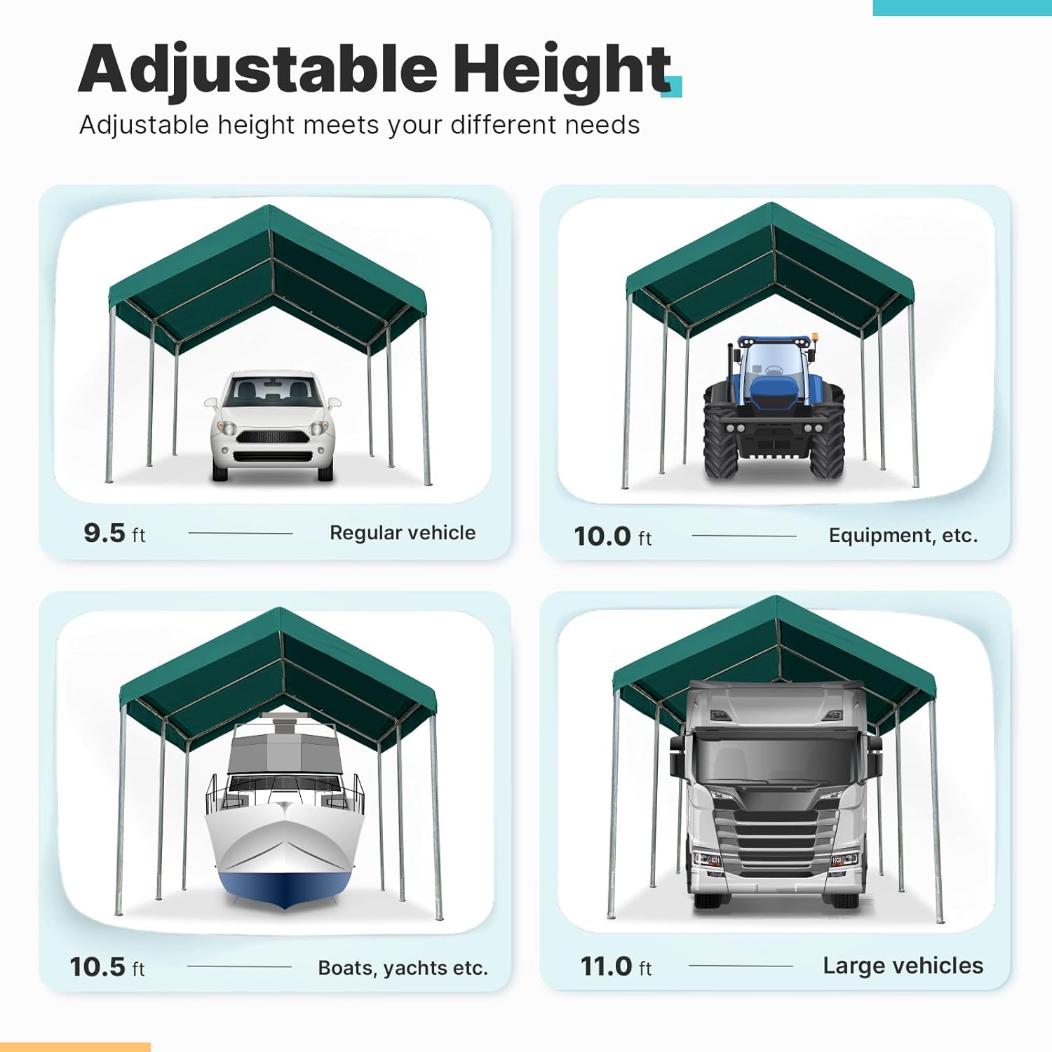 ADVANCE OUTDOOR Adjustable 10x15 ft Heavy Duty Carport Car Canopy Garage Boat Shelter Party Tent, Adjustable Height from 9.5 ft to 11 ft, Green