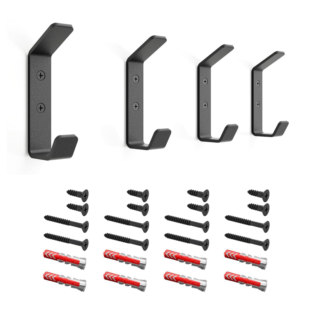 Wall Hooks Double Hook 4-Pack - Made in USA - 50 lb Capacity Stel Coat Hooks, Powder Coated Metal Wall Mount Hooks for Entryway, Garage, Bathroom.