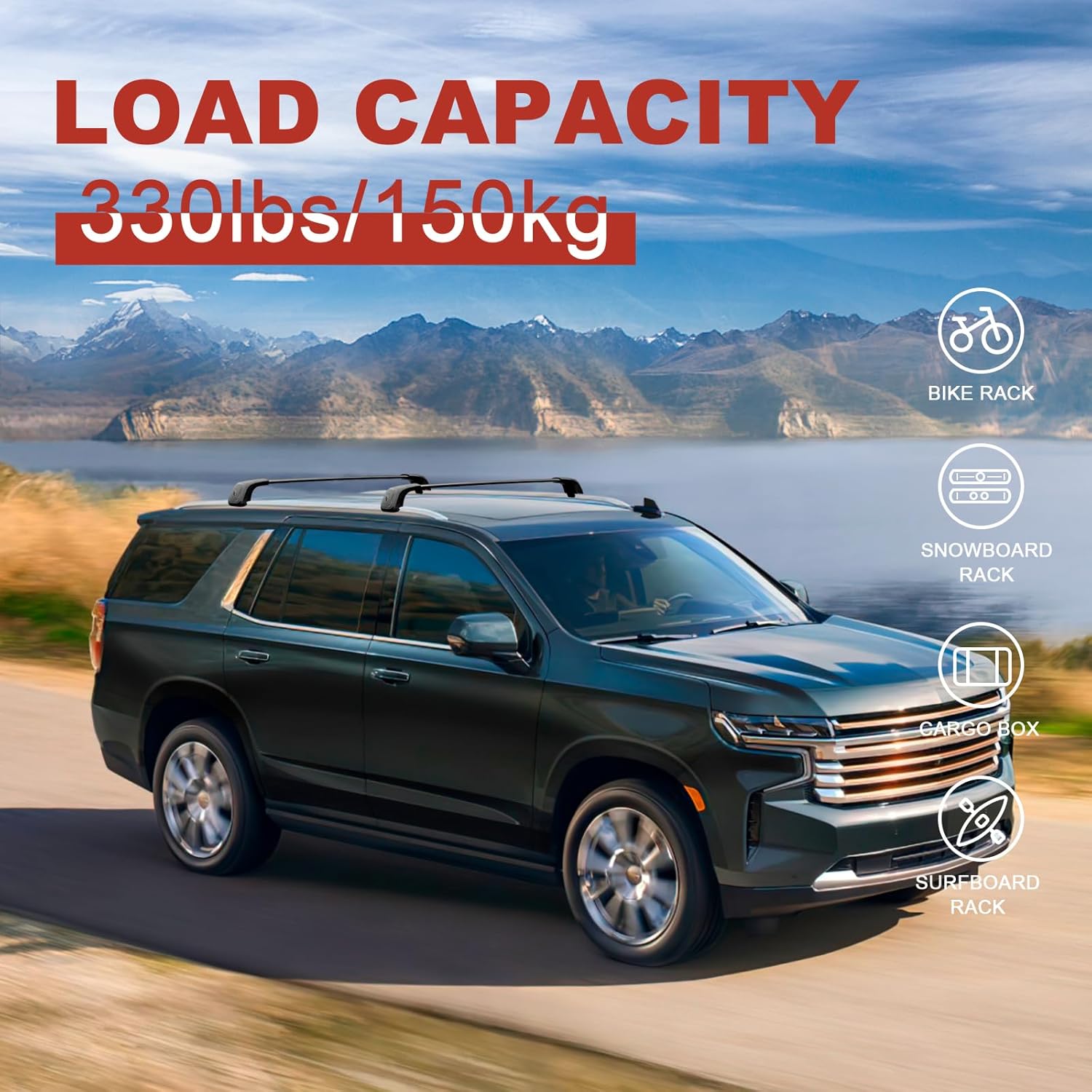 KINGGERI Lockable 330lbs Roof Rack Cross Bars Compatible with 2021 2022 2023 2024 2025 Chevy Tahoe & Chevrolet Suburban & GMC Yukon XL & Cadillac Escalade ESV, Heavy Duty Rooftop Aluminum Crossbar