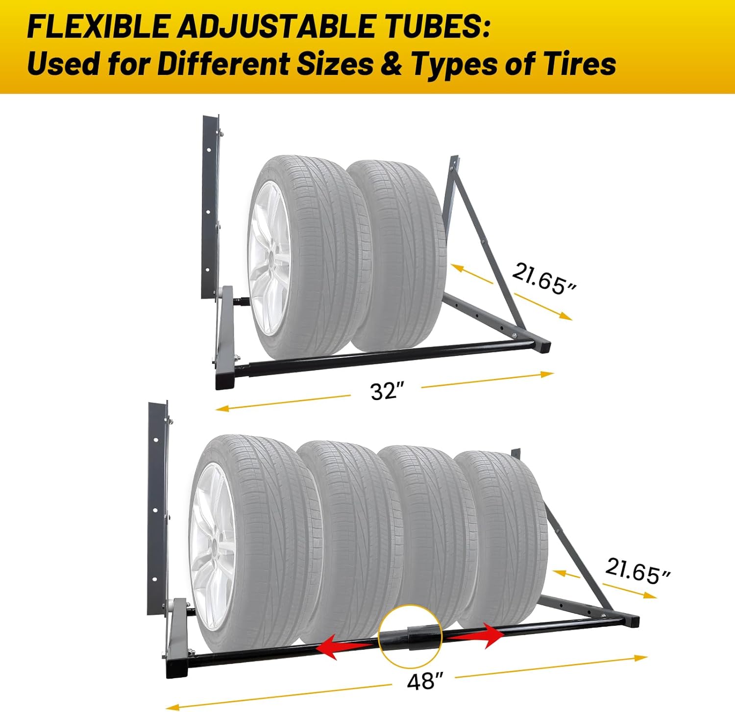 ROBLOCK Adjustable Tire Rack Wall Mount for Garage, Folding Wheel Spare Tire Carriers with Heavy Duty Steel, Adjustable Length(32"-48"), Grey