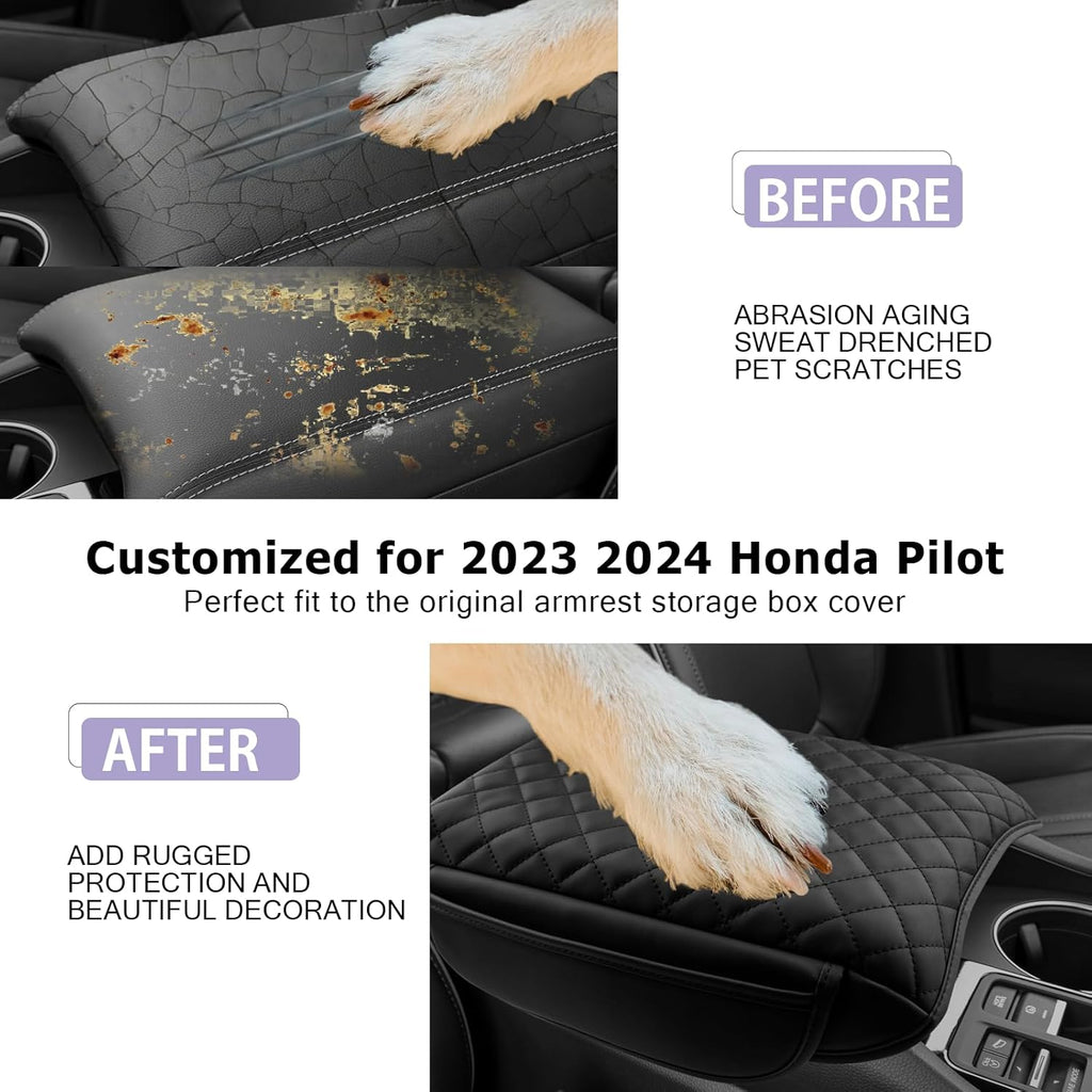 LUWU Center Console Cover Compatible with 2023 2024 2025 Honda Pilot & 2024 2025 Ridgeline & 2024 2025 2026 Honda Passport Accessories Armrest Console Cover Leather Interior Accessories (Thick Black)