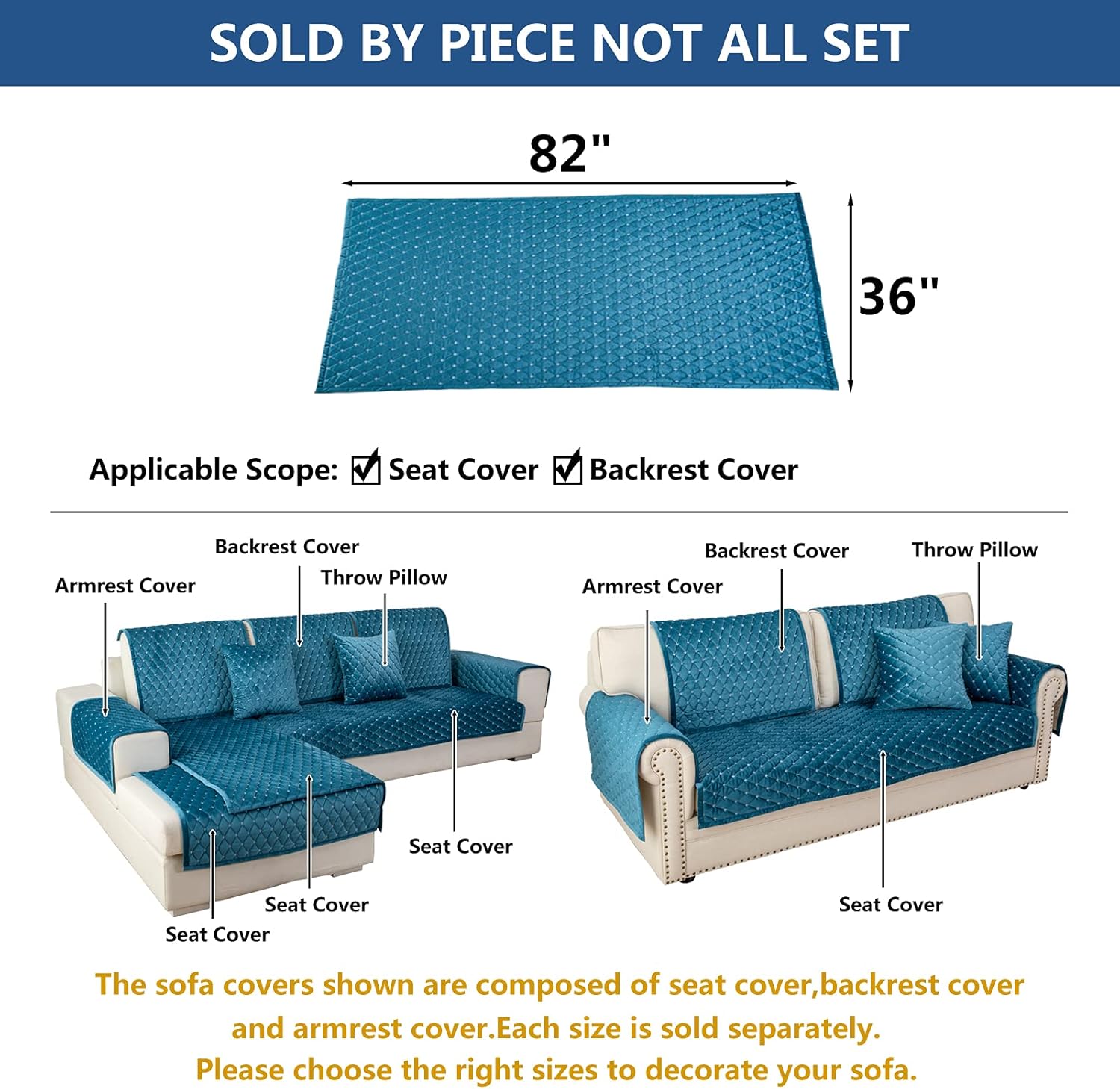 Eismodra Couch Cover,Sectional Couch Covers,Sofa Covers for 3 Cushion Couch,Anti-Slip Sofa Slipcovers for Dogs Cats Kids Loveseat Recliner L Shaped Armrest Backrest,Blue 36''x82''(Only 1 Piece)