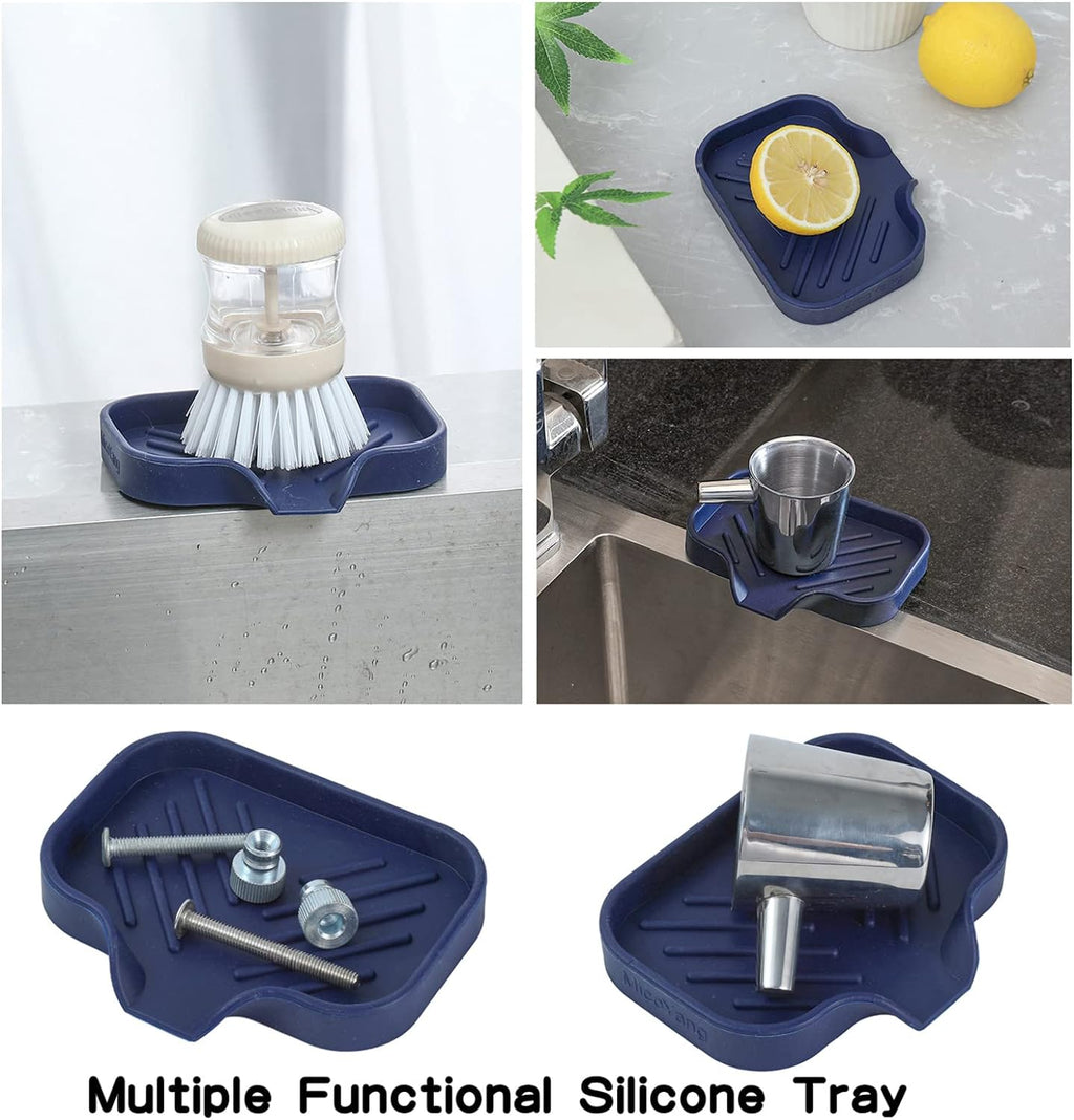 Silicone Bathroom Soap Dishes with Drain Spout-Kitchen Sink Organizer,Sponge Holder,Dish Soap Tray,Perfect for Dispenser,Scrubber,Bottle,Cup on Sink or Counter-Navy Blue 4.9"×3.2"