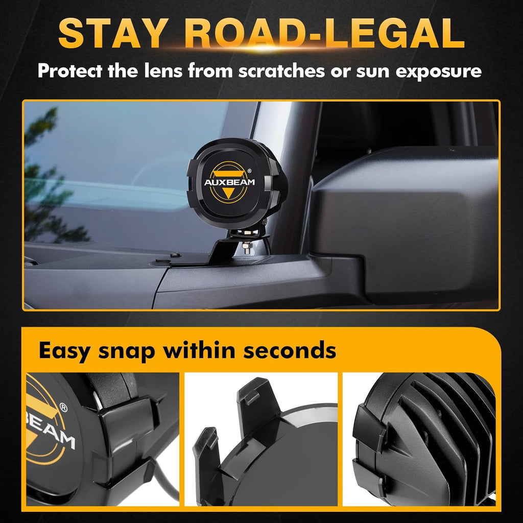 Auxbeam P4 Series Round Protective Light Covers, 4 Inch Black Offroad LED Pods Lens Cap, Dust Impact Shield & Street Compliant, Snap-On Design, 2 Packs