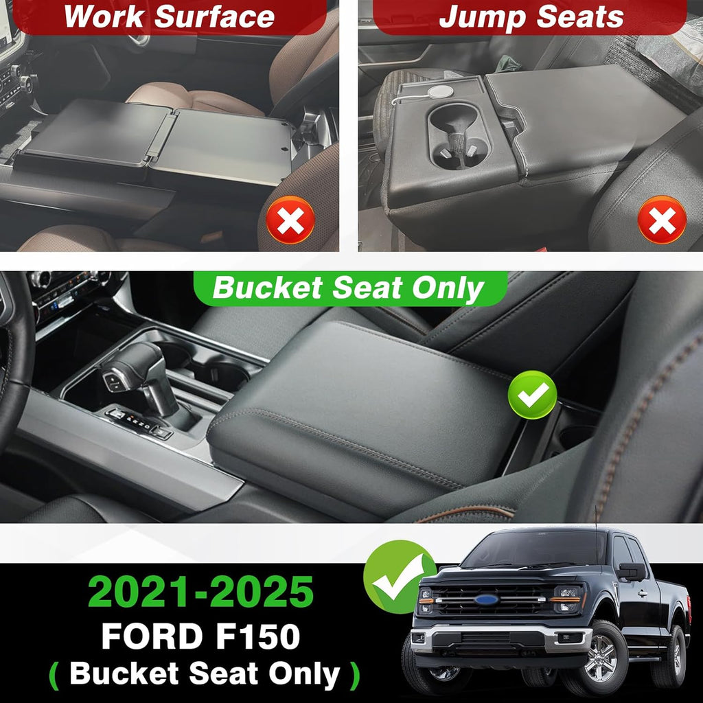 Muslogy Center Console Armrest Cover Compatible with Ford F150 2021-2024 2025 Comfort Armrest Pad Arm Rest Cushion Vegan Leather Protector Regular Thick(Bucket Seat ONLY)