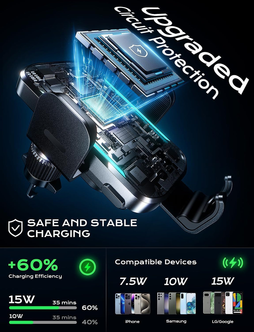 CHGeek 15W Wireless Car Charger – Auto-Clamping Qi Fast Charging Vent Mount with LED Light; Compatible with iPhone 13-16 & Samsung S22-S24 (Knight Black)