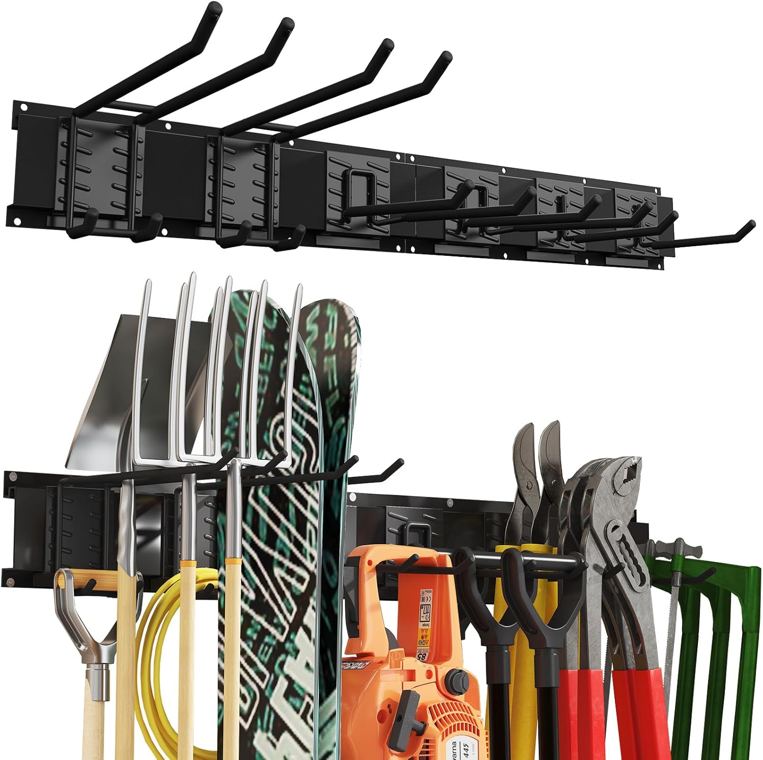 32 Inches Garage Organization,Wall Mount Garden Tool Organizer, 440lbs Adjustable Heavy Duty Metal Hanging Hooks, Garden Tool Hangers Storage Rack for Garage, Yard, and Shed (2 Racks, 6 Hooks)