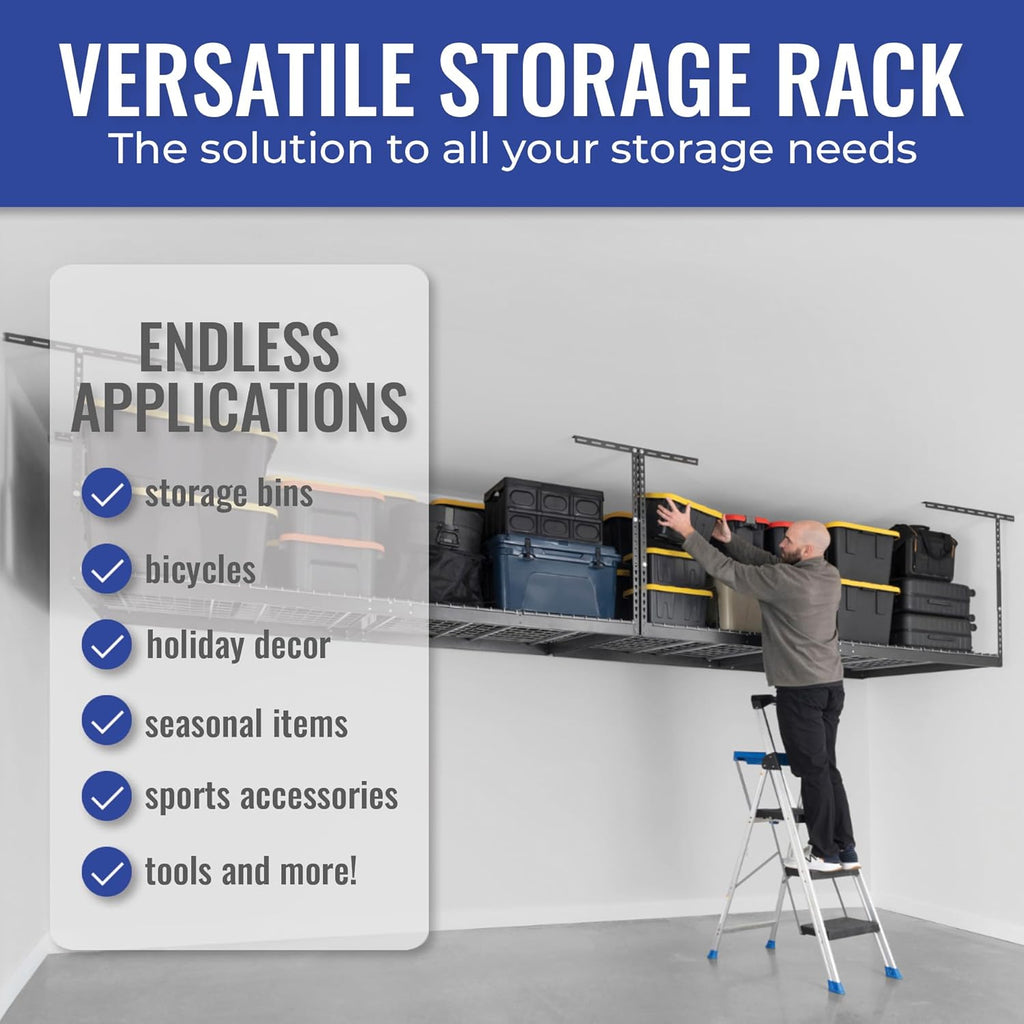 SafeRacks Heavy Duty Overhead Garage Storage Rack, 2-Pack 4x8 Hammertone, 12"-21", 600 lb Capacity, Adjustable Ceiling Mount